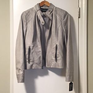 Stylish light Gray embroidered faux leather jacket